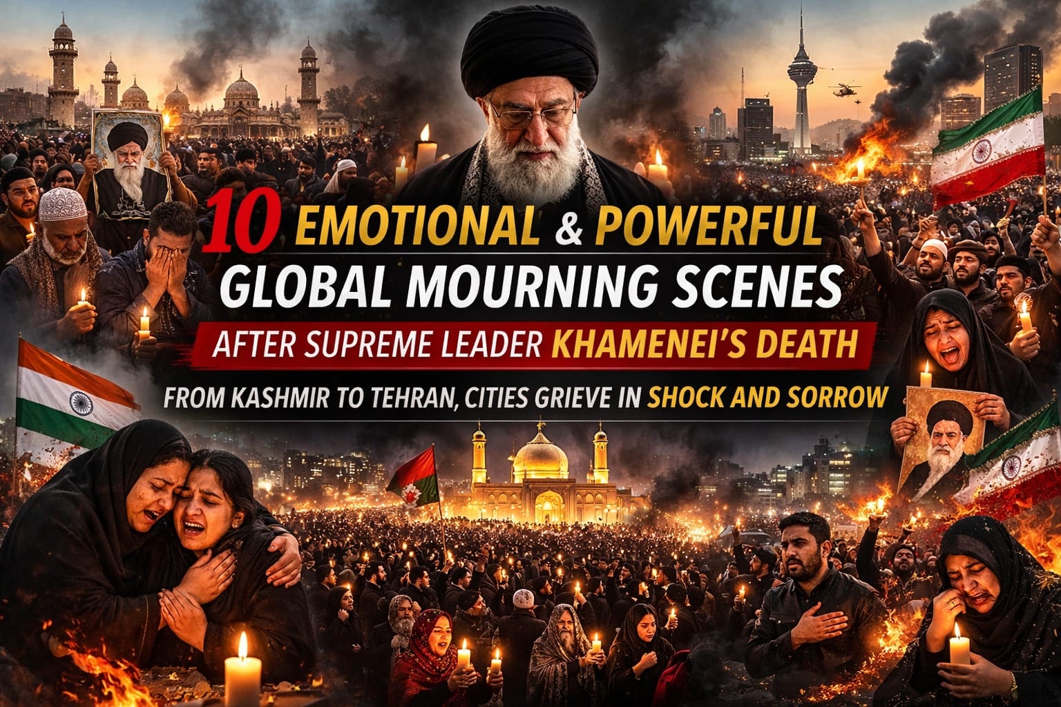 Global mourning scenes after Supreme Leader Khamenei’s death showing candlelight vigils and grieving crowds in Kashmir, Tehran, India, Baghdad and cities worldwide.