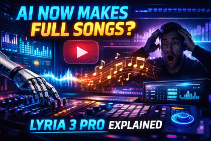 Google Lyria 3 Pro AI model that can generate 3-minute tracks shown as futuristic music creation interface with AI generating full songs in a digital studio