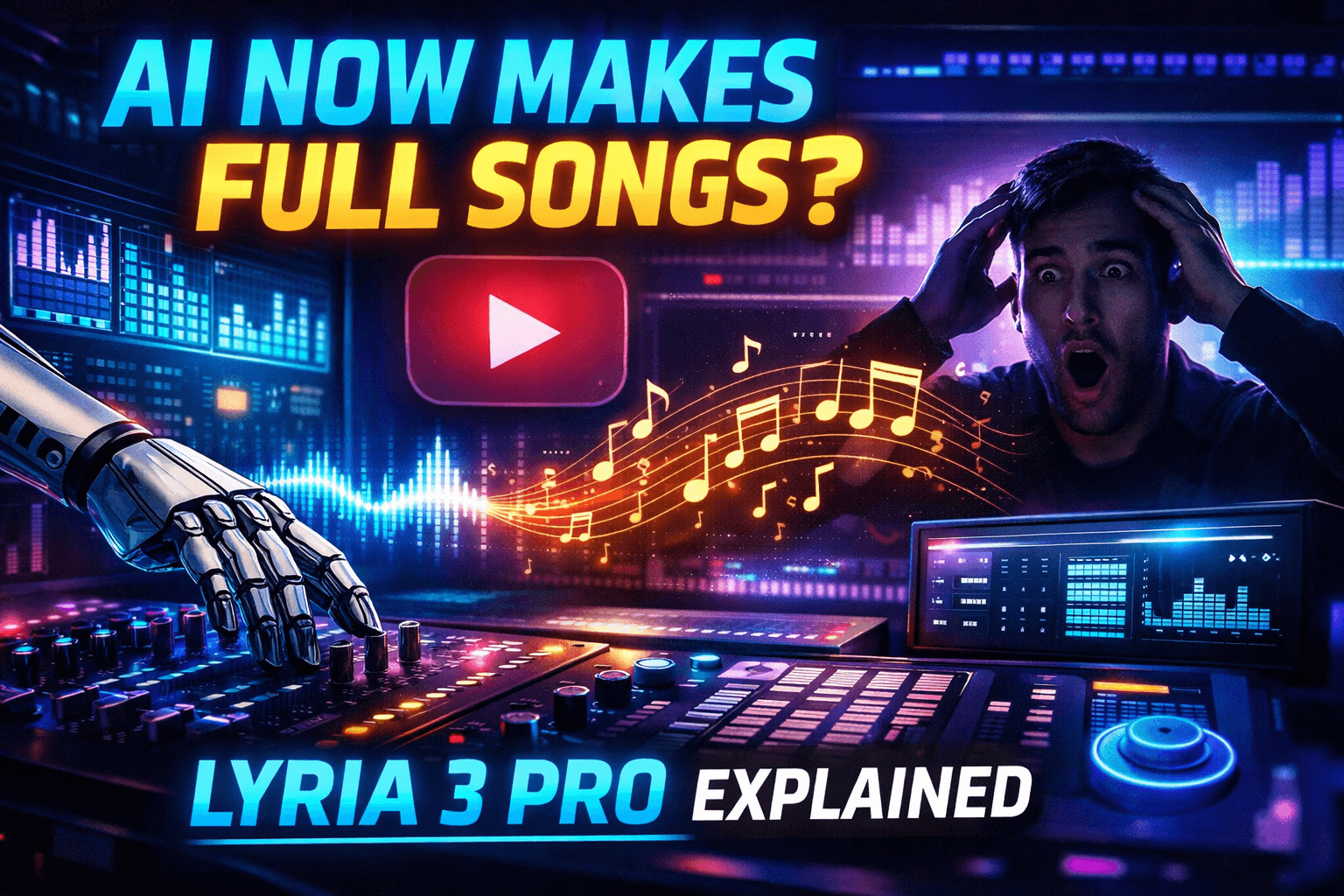 Google Lyria 3 Pro AI model that can generate 3-minute tracks shown as futuristic music creation interface with AI generating full songs in a digital studio