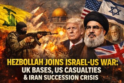 Hezbollah Joins the Israel-US-Iran War showing rocket launches, explosions, US and Israel flags, UK involvement, and Iran leadership crisis amid Middle East conflict escalation.