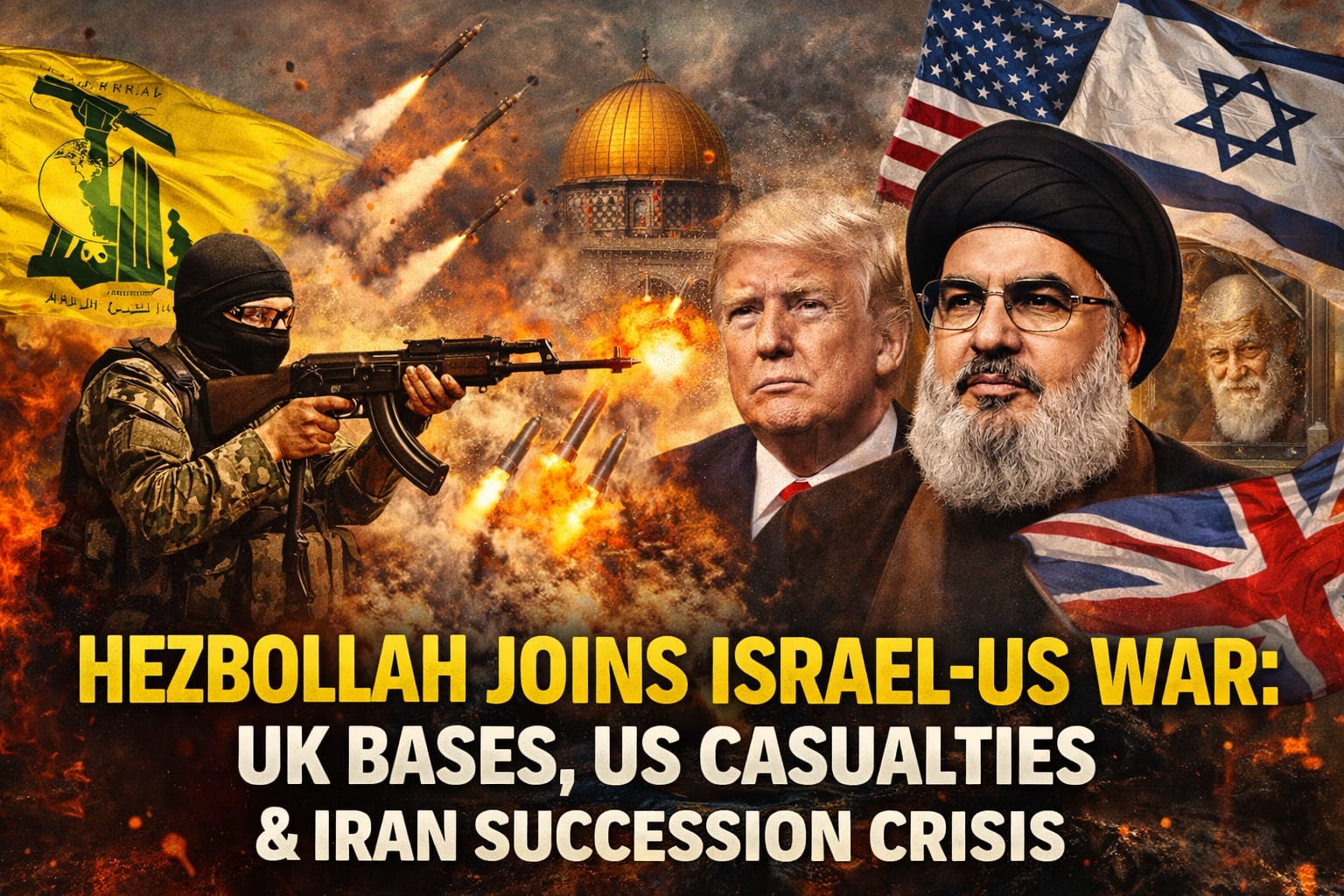 Hezbollah Joins the Israel-US-Iran War showing rocket launches, explosions, US and Israel flags, UK involvement, and Iran leadership crisis amid Middle East conflict escalation.