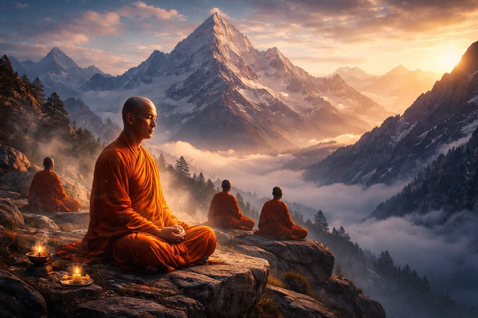 Buddhist monks meditating on a Himalayan cliff at sunrise surrounded by snow-covered mountains and misty valleys, illustrating the powers of monks and meditation and the pursuit of Shoonya Avastha through deep spiritual practice.