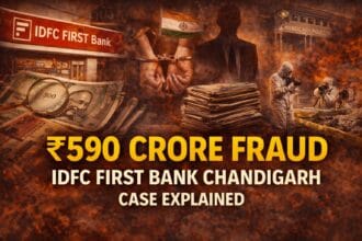 IDFC first bank scam illustration showing ₹590 crore fraud investigation at the Chandigarh branch with Indian currency notes, handcuffed suspect, and financial crime visuals.
