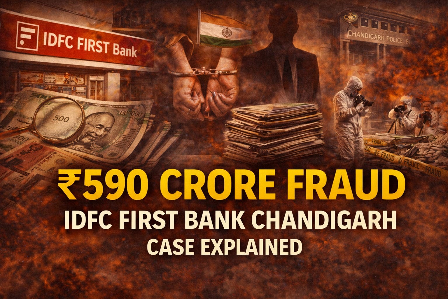 IDFC first bank scam illustration showing ₹590 crore fraud investigation at the Chandigarh branch with Indian currency notes, handcuffed suspect, and financial crime visuals.