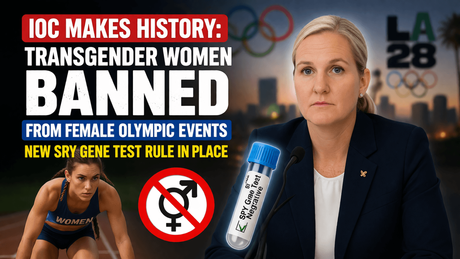A bold news-style thumbnail showing an Olympic backdrop with Los Angeles 2028 branding, a serious female official at a press conference, a female athlete in a running stance, and a test tube labeled SRY gene test, alongside large headline text about transgender women being banned from female Olympic events.