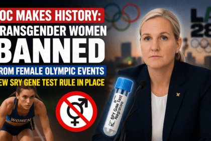 A bold news-style thumbnail showing an Olympic backdrop with Los Angeles 2028 branding, a serious female official at a press conference, a female athlete in a running stance, and a test tube labeled SRY gene test, alongside large headline text about transgender women being banned from female Olympic events.