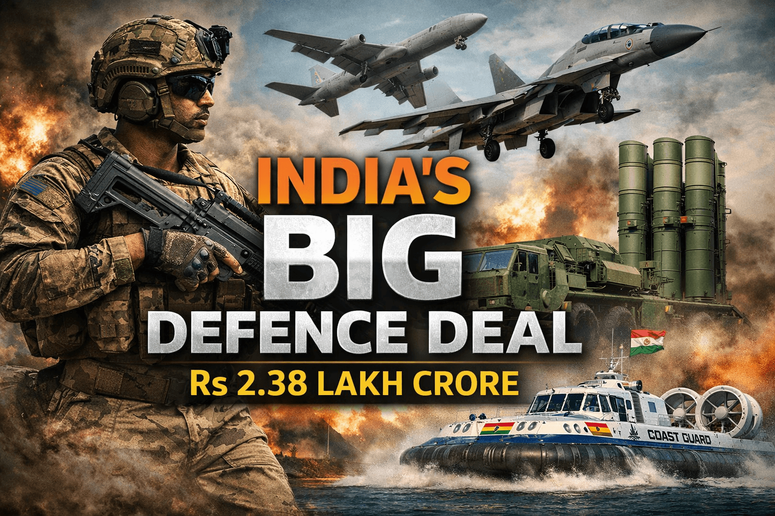 DAC clears defence proposals worth Rs 2.38 lakh crore showing Indian soldier, fighter jets, S-400 missile system and Coast Guard hovercraft representing India’s military modernisation