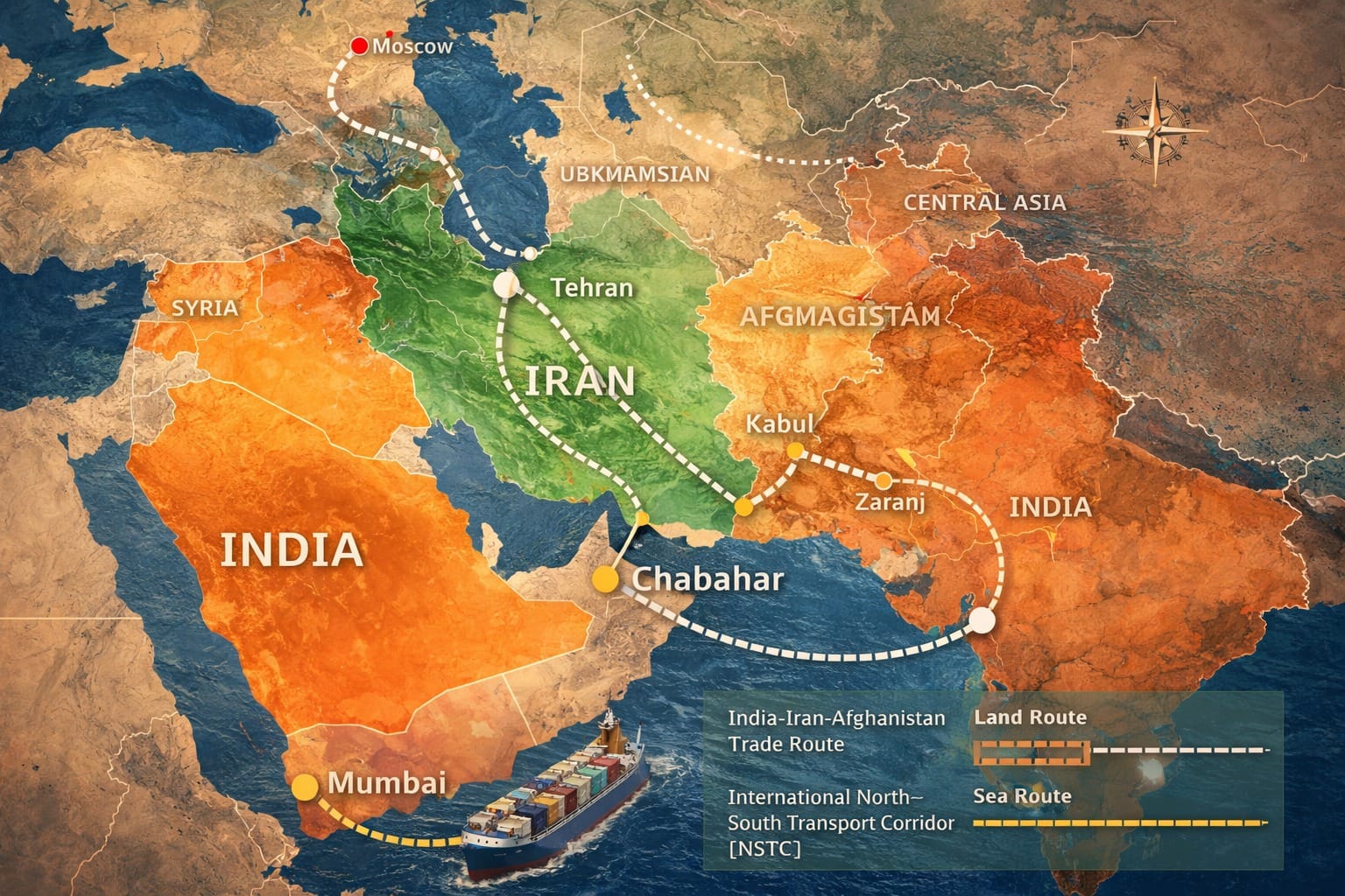 India-Iran relations illustrated with flags of both countries, Chabahar Port infrastructure, cargo ships, and trade routes connecting India to Central Asia through Iran.