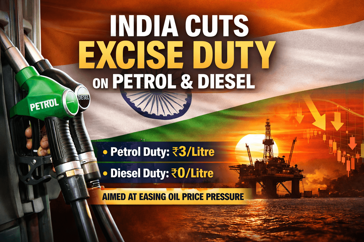 India cuts excise duty on petrol and diesel with fuel pump nozzle and economic graphics showing reduced tax rates and oil price impact