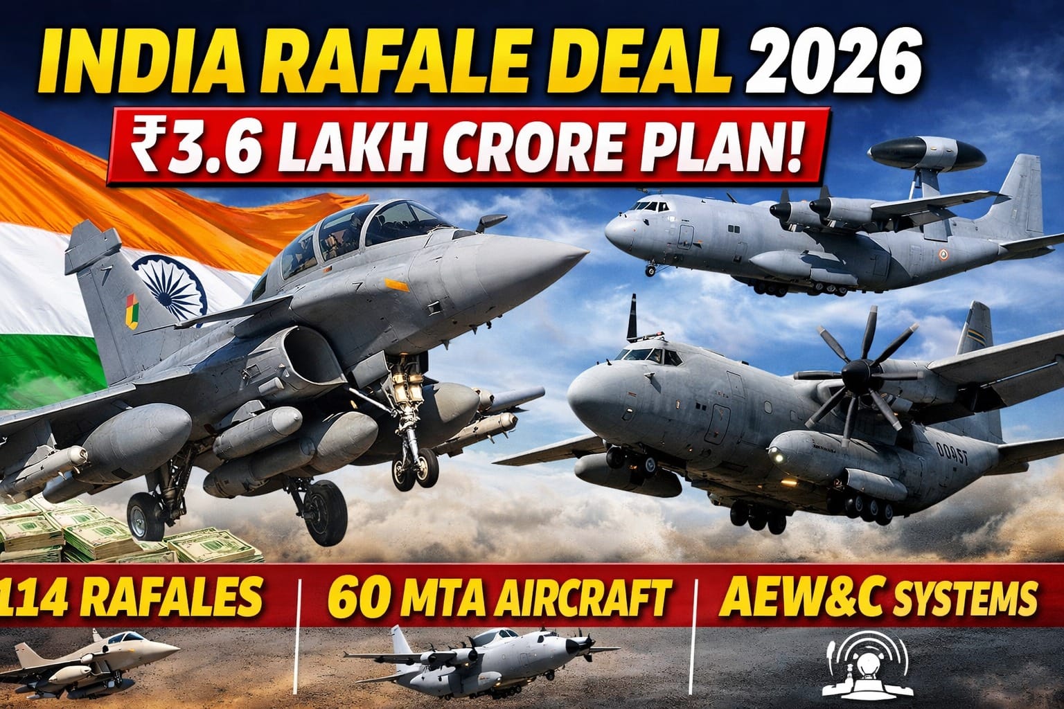 India Rafale Deal 2026 thumbnail showing Rafale fighter jets, MTA aircraft and AEW&C systems representing India Air Force modernization and ₹3.6 lakh crore defence plan