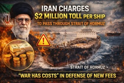Iran imposes $2 Million Toll on ships passing through Strait of Hormuz, showing oil tanker, currency symbols, and rising geopolitical tension in a war-driven maritime crisis.