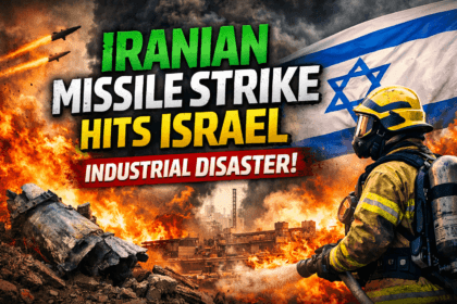 Explosive Iran Israel war industrial facility scene showing massive fire and thick smoke at Neot Hovav chemical zone after missile or debris strike in southern Israel with emergency response teams on site