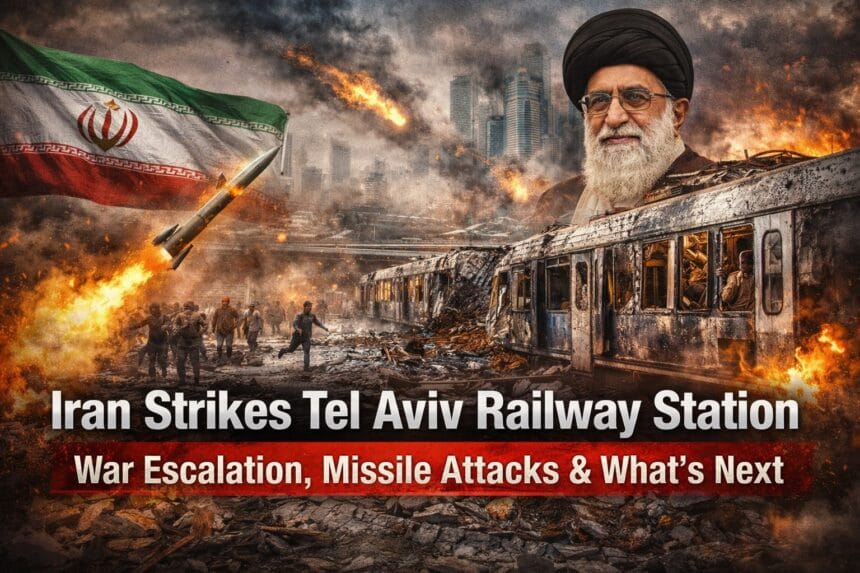 Iran Strikes Tel Aviv Railway Station showing missile attack, destroyed train, explosions, and damaged infrastructure in central Israel during the ongoing Iran-Israel war.