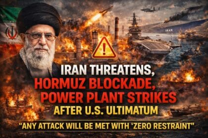 Iran Threatens to Block Strait of Hormuz with visuals of burning oil tankers, warships, missiles, and power plants under attack, representing escalating US-Iran conflict and global energy crisis.