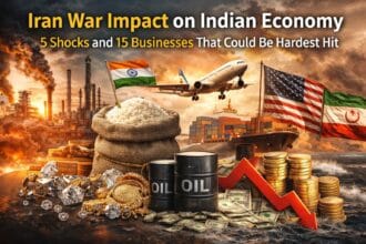 Illustration showing oil barrels, a cargo ship, basmati rice sacks, diamonds, and an airplane with a falling market arrow representing the Iran War Impact on Indian Economy and the sectors affected by rising oil prices and disrupted trade.