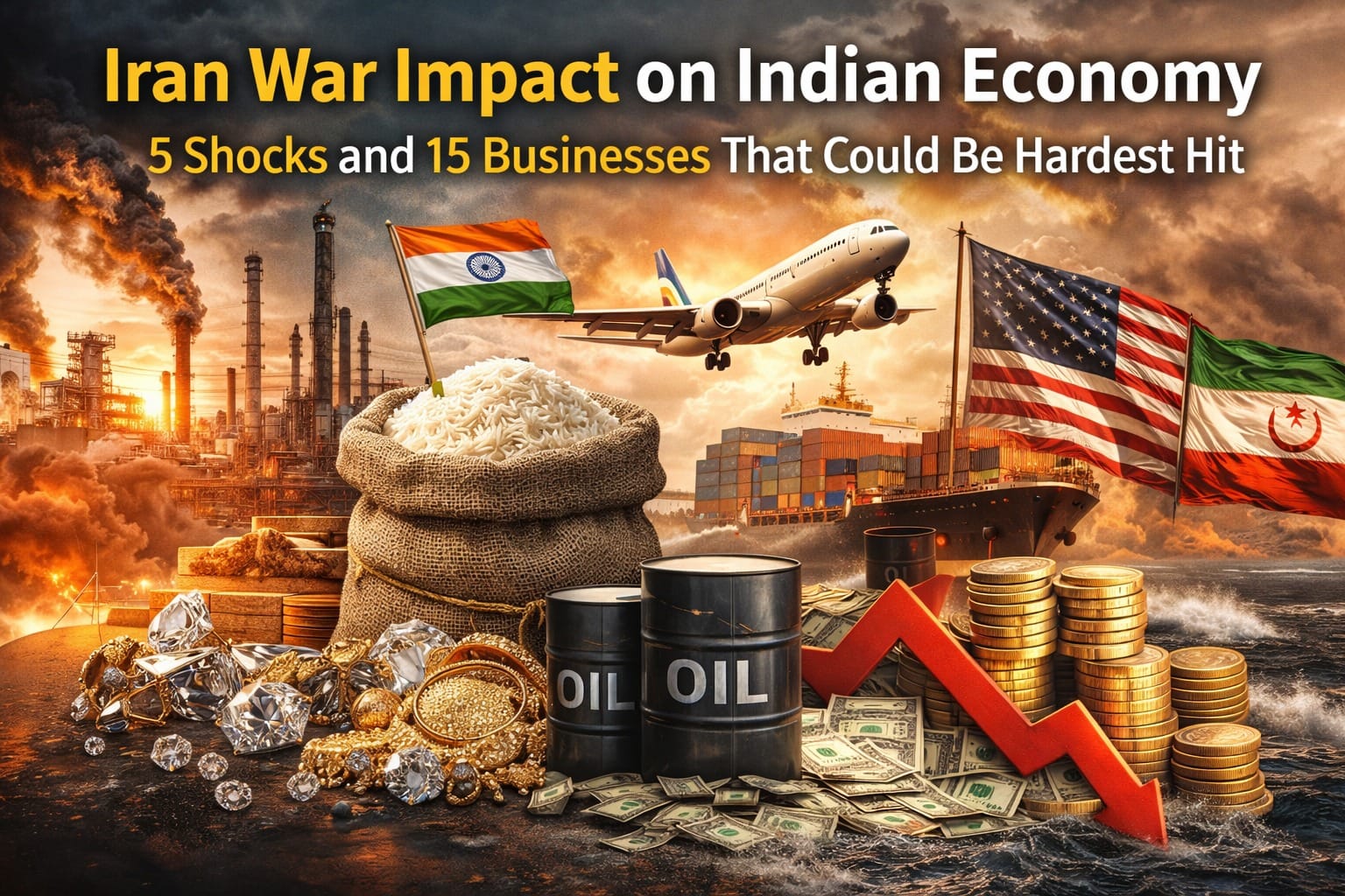 Illustration showing oil barrels, a cargo ship, basmati rice sacks, diamonds, and an airplane with a falling market arrow representing the Iran War Impact on Indian Economy and the sectors affected by rising oil prices and disrupted trade.