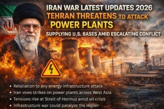 Iran War Latest updates showing Tehran threatening to attack power plants supplying US bases, with visuals of burning energy infrastructure, missiles, and escalating Middle East conflict.
