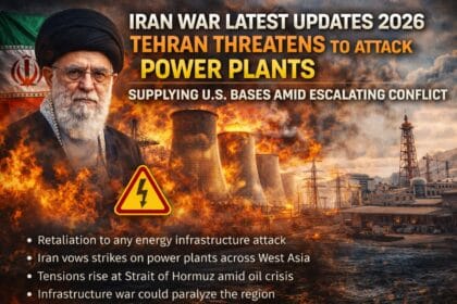 Iran War Latest updates showing Tehran threatening to attack power plants supplying US bases, with visuals of burning energy infrastructure, missiles, and escalating Middle East conflict.
