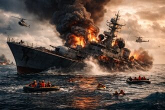 Iranian warship engulfed in flames after a suspected submarine strike near Sri Lanka during the Iranian Warship attack in the Indian Ocean, as rescue boats search for missing sailors.