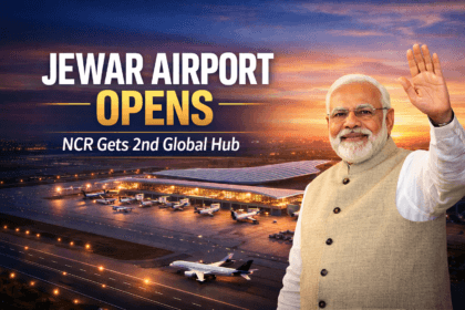 Jewar Airport inauguration 2026 thumbnail showing Noida International Airport terminal and PM Modi announcing NCR second international airport