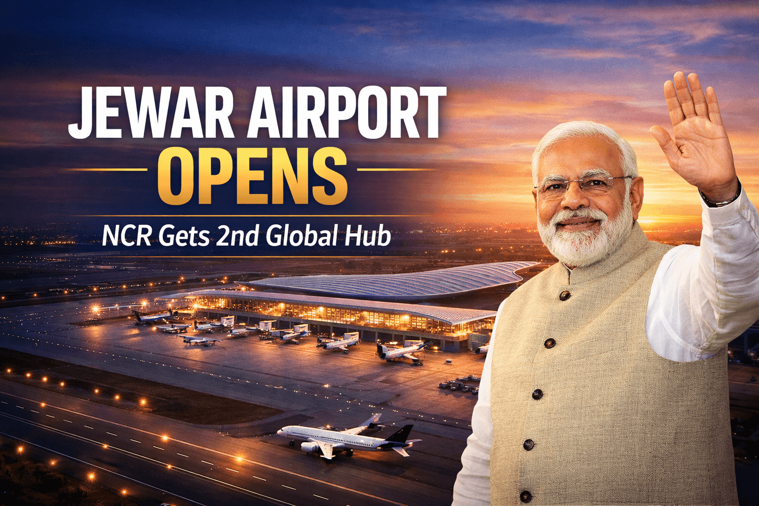 Jewar Airport inauguration 2026 thumbnail showing Noida International Airport terminal and PM Modi announcing NCR second international airport