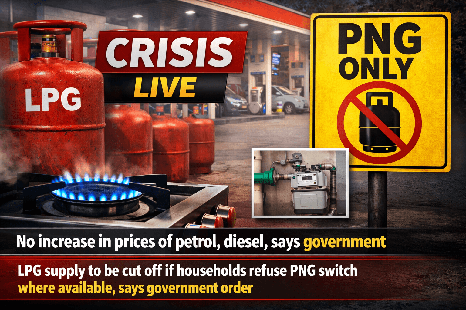 LPG petrol crisis Strait of Hormuz India showing stable petrol diesel prices and government push for LPG to PNG transition amid supply concerns