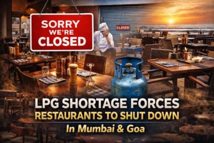Restaurants and cafés in Mumbai and Goa shown closed due to LPG shortage, with empty dining tables and an LPG cylinder highlighting the crisis affecting the hospitality industry.