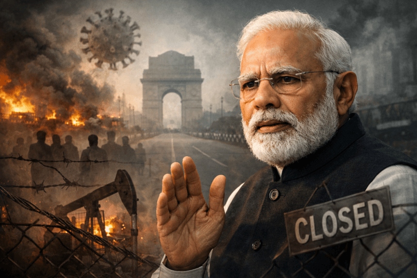 Lockdown in India 2026 concept image showing PM Narendra Modi with crisis visuals, symbolizing rumours and fact check around lockdown concerns