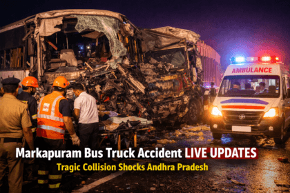 Markapuram bus truck accident live updates showing a severely damaged passenger bus after a collision with a truck on an Andhra Pradesh highway with emergency rescue teams present