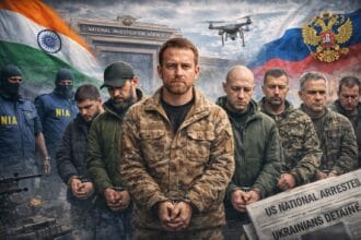 NIA Operations arrest image showing US national Matthew VanDyke and six Ukrainians detained by India’s National Investigation Agency after a Russian intelligence tip-off, with drones, flags, and security forces highlighting cross-border terror investigation.