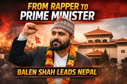 Balen Shah raising fist in traditional attire with Nepal parliament and protest background representing his rise from rapper to Prime Minister