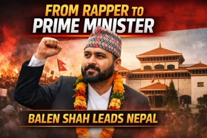 Balen Shah raising fist in traditional attire with Nepal parliament and protest background representing his rise from rapper to Prime Minister