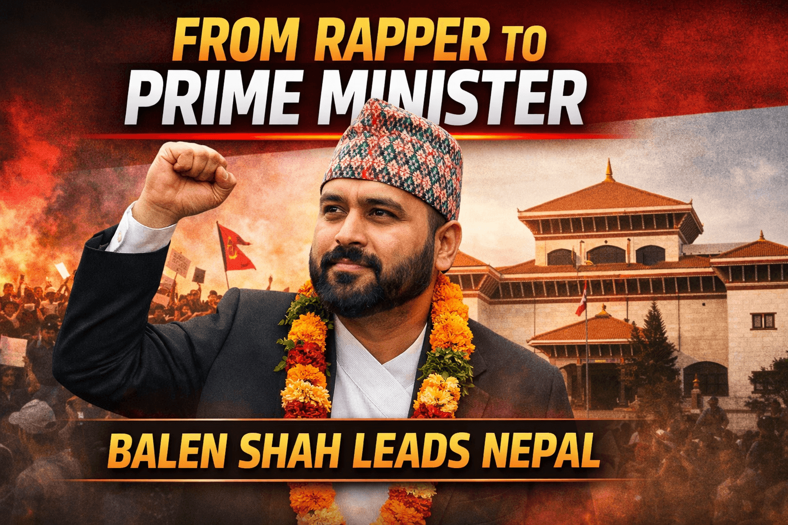 Balen Shah raising fist in traditional attire with Nepal parliament and protest background representing his rise from rapper to Prime Minister