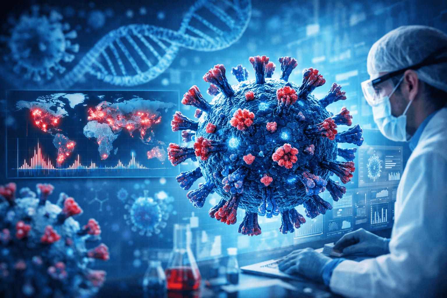 New Covid variant BA.3.2 visual showing mutated coronavirus structure with spike proteins in a scientific blue background