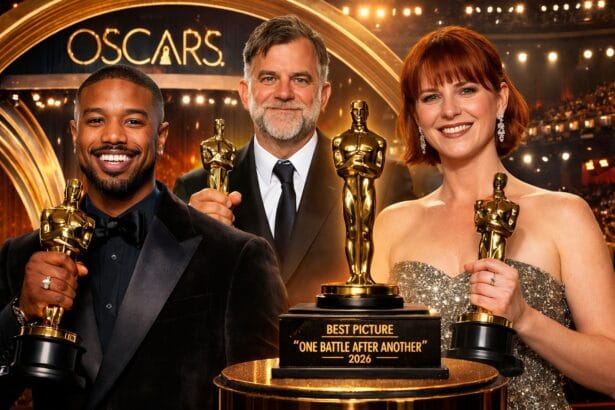 Winners at the Oscars 2026 posing with their Academy Awards at the Dolby Theatre in Hollywood after the 98th Academy Awards ceremony.