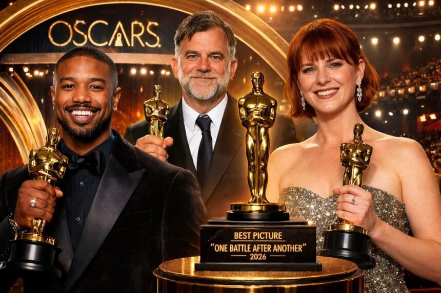Winners at the Oscars 2026 posing with their Academy Awards at the Dolby Theatre in Hollywood after the 98th Academy Awards ceremony.