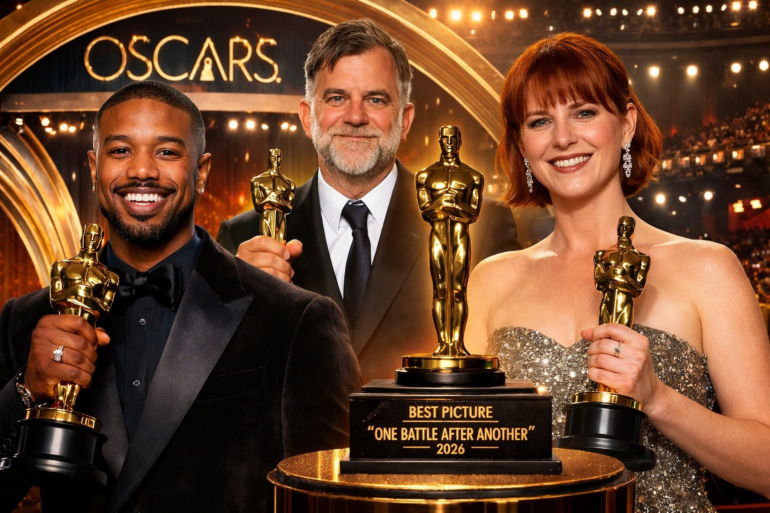 Winners at the Oscars 2026 posing with their Academy Awards at the Dolby Theatre in Hollywood after the 98th Academy Awards ceremony.
