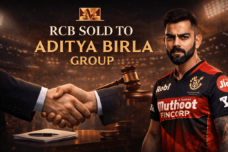 RCB Sold to Aditya Birla visual showing Royal Challengers Bangalore branding with a premium corporate takeover concept and IPL stadium background