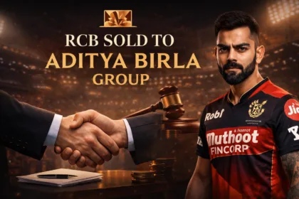 RCB Sold to Aditya Birla visual showing Royal Challengers Bangalore branding with a premium corporate takeover concept and IPL stadium background