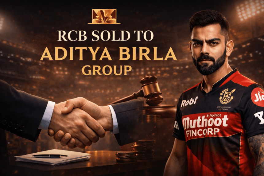RCB Sold to Aditya Birla visual showing Royal Challengers Bangalore branding with a premium corporate takeover concept and IPL stadium background