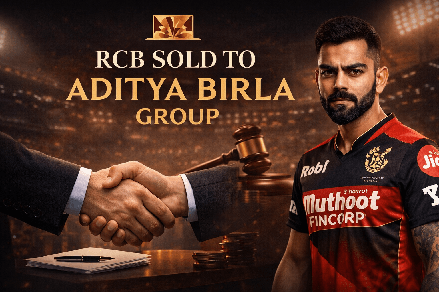 RCB Sold to Aditya Birla visual showing Royal Challengers Bangalore branding with a premium corporate takeover concept and IPL stadium background