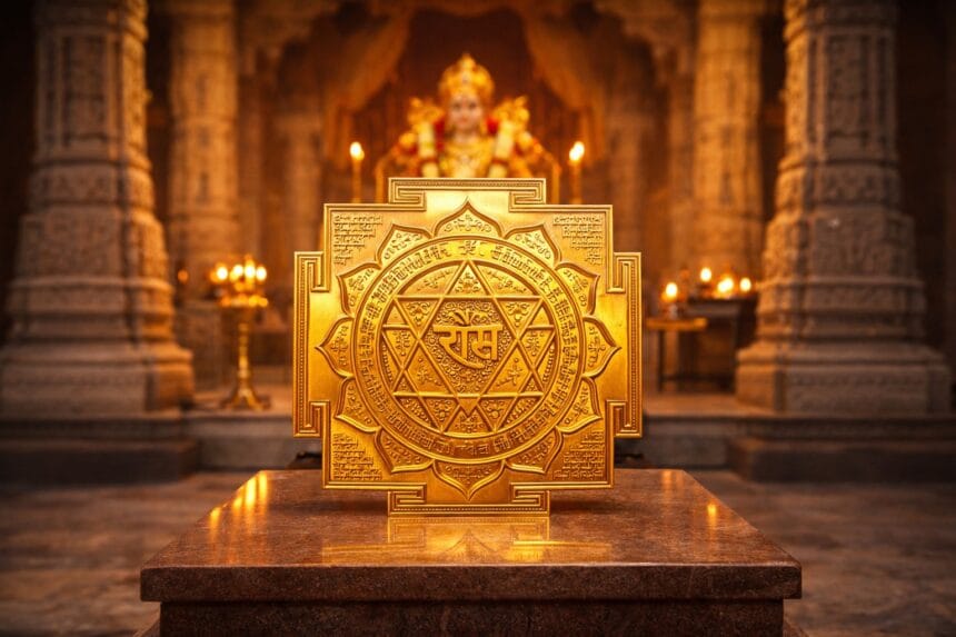 Ram Yantra installed at Ram Mandir Ayodhya showing sacred geometric design with Sanskrit inscriptions, symbolizing divine energy and Vedic spiritual science inside the temple.