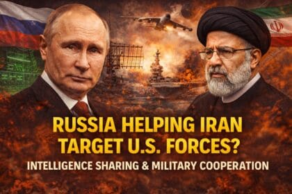RUSSIAN intelligence involvement in the Iran-US conflict illustrated with Vladimir Putin, military aircraft, naval warships, and battlefield explosions symbolizing intelligence sharing and geopolitical escalation.