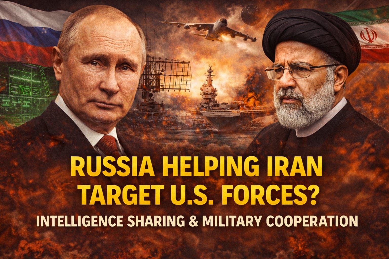 RUSSIAN intelligence involvement in the Iran-US conflict illustrated with Vladimir Putin, military aircraft, naval warships, and battlefield explosions symbolizing intelligence sharing and geopolitical escalation.