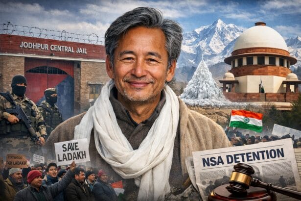 Sonam Wangchuk environmental activist and innovator from Ladakh, image depicting his detention under the National Security Act (NSA), Jodhpur Central Jail, protests for Ladakh statehood, and India’s Supreme Court symbolizing the legal battle over his release.