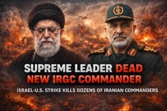 Israel-US strike on Iran 2026 showing aftermath of Tehran explosions, reported death of Iran’s Supreme Leader Ayatollah Ali Khamenei, and appointment of new IRGC commander amid escalating Middle East war.
