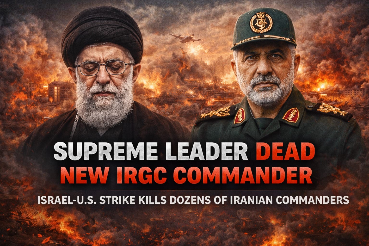 Israel-US strike on Iran 2026 showing aftermath of Tehran explosions, reported death of Iran’s Supreme Leader Ayatollah Ali Khamenei, and appointment of new IRGC commander amid escalating Middle East war.