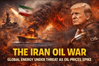 Iran Oil War illustration showing burning oil tanker in the Persian Gulf, missile launch near the Strait of Hormuz, and Donald Trump as global markets react to rising oil prices and escalating Middle East conflict.