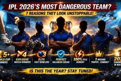 Silhouetted IPL 2026 cricket team standing under stadium lights with trophy, bat, helmet and bold text highlighting “8 reasons this IPL team looks unstoppable in 2026”
