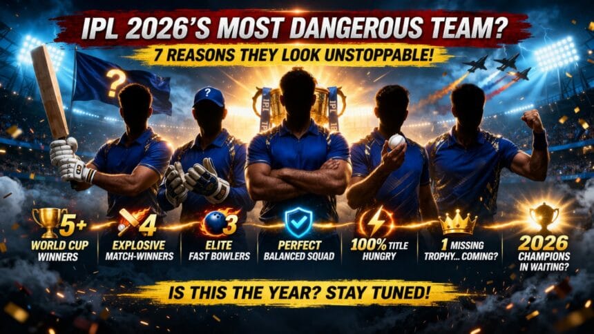 Silhouetted IPL 2026 cricket team standing under stadium lights with trophy, bat, helmet and bold text highlighting “8 reasons this IPL team looks unstoppable in 2026”
